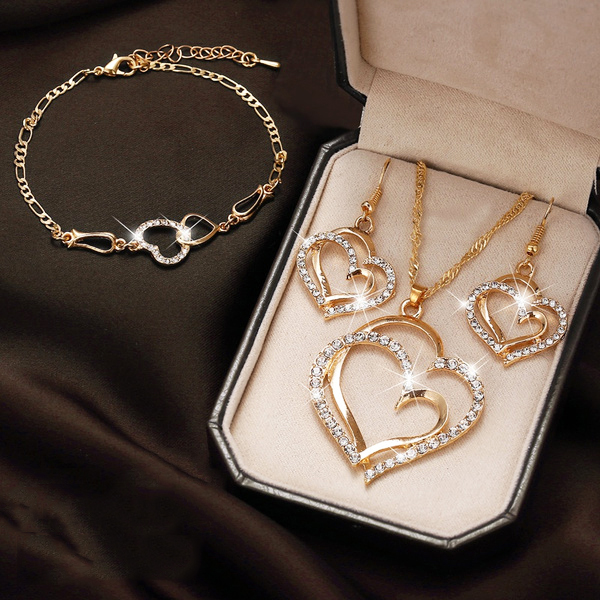 Diamond Crystal Heart Pendant Necklace Earrings And Bracelet Set Romantic Wedding Party Jewelry Set For Women 