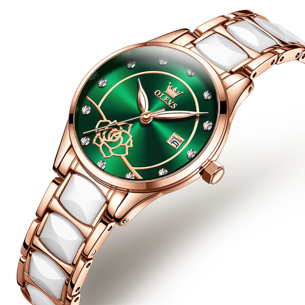 OLEVS 3606 Fashion Luxury Brand Rose Design Dial Watch Quartz Ladies Ceramics Bracelet Classic Women Wrist Watch