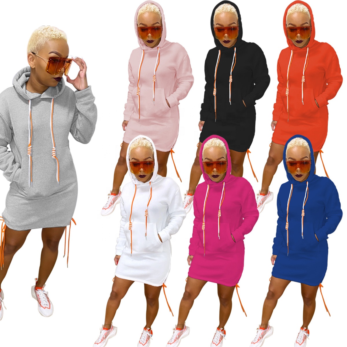 Woman Dresses New Arrivals Fashion Fall Clothing Solid Colors Long Sleeve Drawstring Hoodies Dress Sweatshirt Dress 