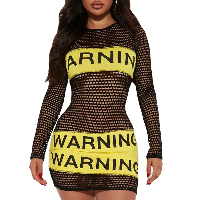 European Style Sexy Elegant Women Ladies Long Sleeve Crew Neck Contrast Paneled Logo Printed Mesh Mini Dress