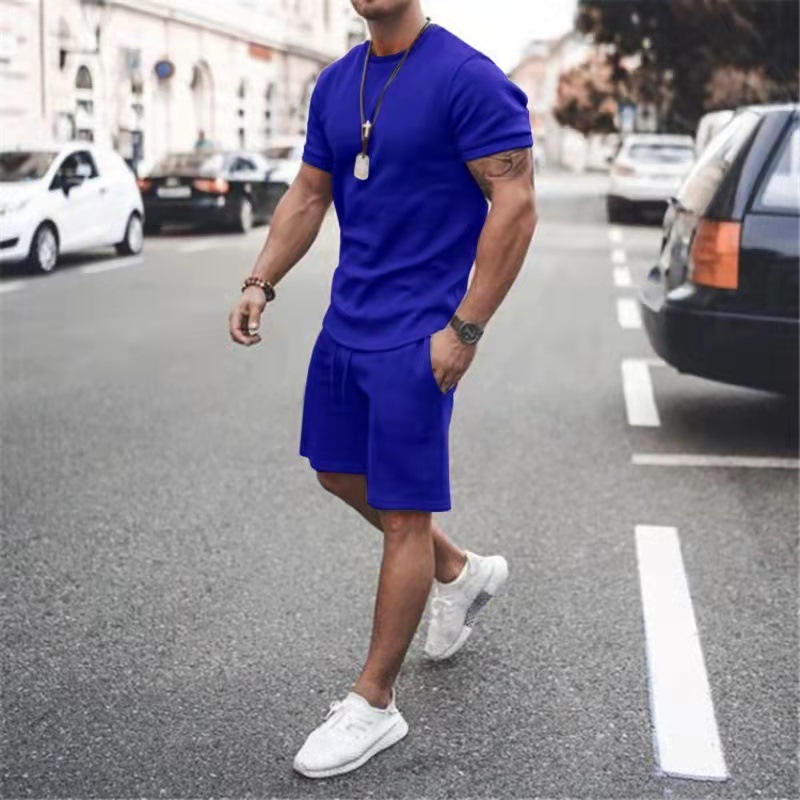 Spring And Summer Men's T -shirt Set Solid Color Casual Sports Men's Short -sleeved Shorts Two -piece Set 