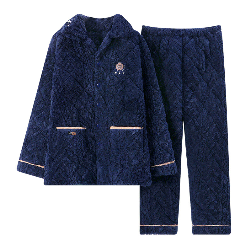 Men's Winter Three-layer Quilted Thickened Pajamas Trouser Set Custom Men Cotton Fleece Sleepwear 