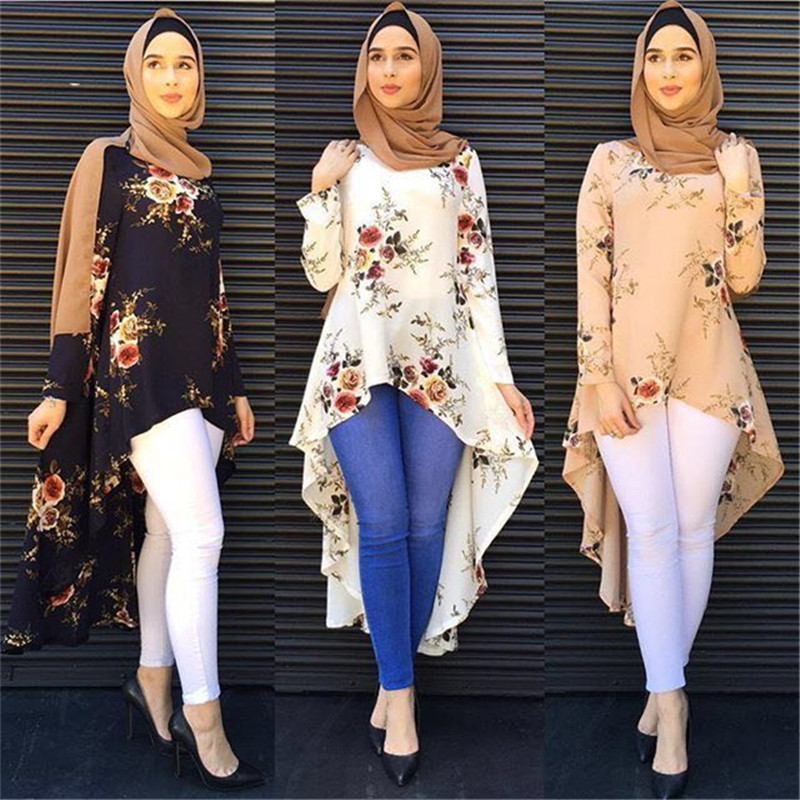 2023 Hot Sale Printed Round Neck Long Sleeves Muslim Fashion Irregular Tuxedo Women Tops Islamic Women's Clothing 
