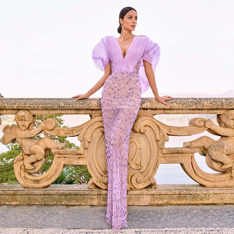 Lscz104 New Trends Women Sexy Ins Party Clothes Solid Formal Evening Maxi Dress With Beading 