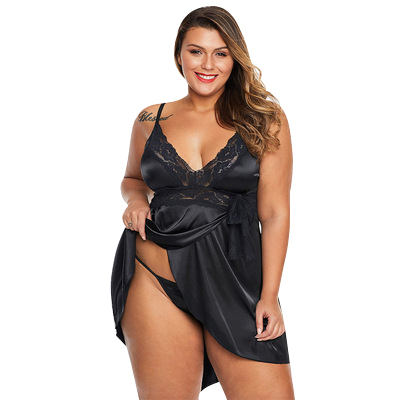 Lace Satin Ladies Plus Size Women's Sleepwear Sleep Silk Pijama Plus Size Lace Satin Babydoll V Neckline Plus Size Babydoll 