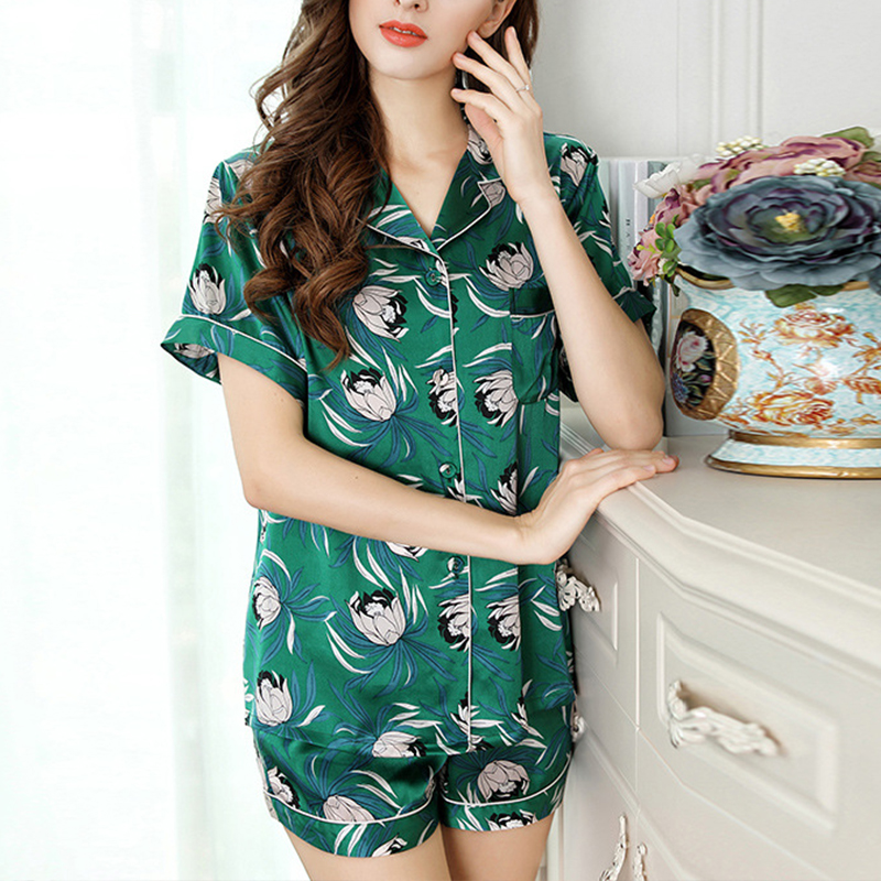 Women's Pajamas Sets Cute Print Fashion Luxury Female Silk Shirts+pants Two Pieces Suit Night Sleepwear 