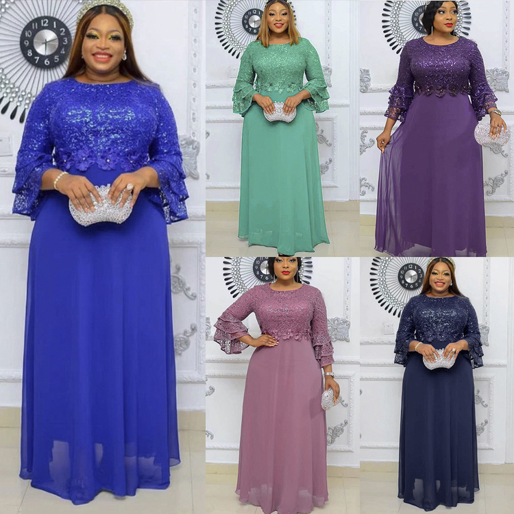 Women Party Clothing Muslim Embroidery Lace Long Elegant Dress African Fashion Half Ruffle Mesh Sleeve Gowns Evening Dress 