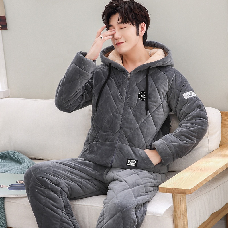Men's Pajama Sets Winter Flannel Pajamas Trendyol Hooded Sleepwear Thick 3-layer Cotton Big Size Pajamas For Men Loose Home Wear 