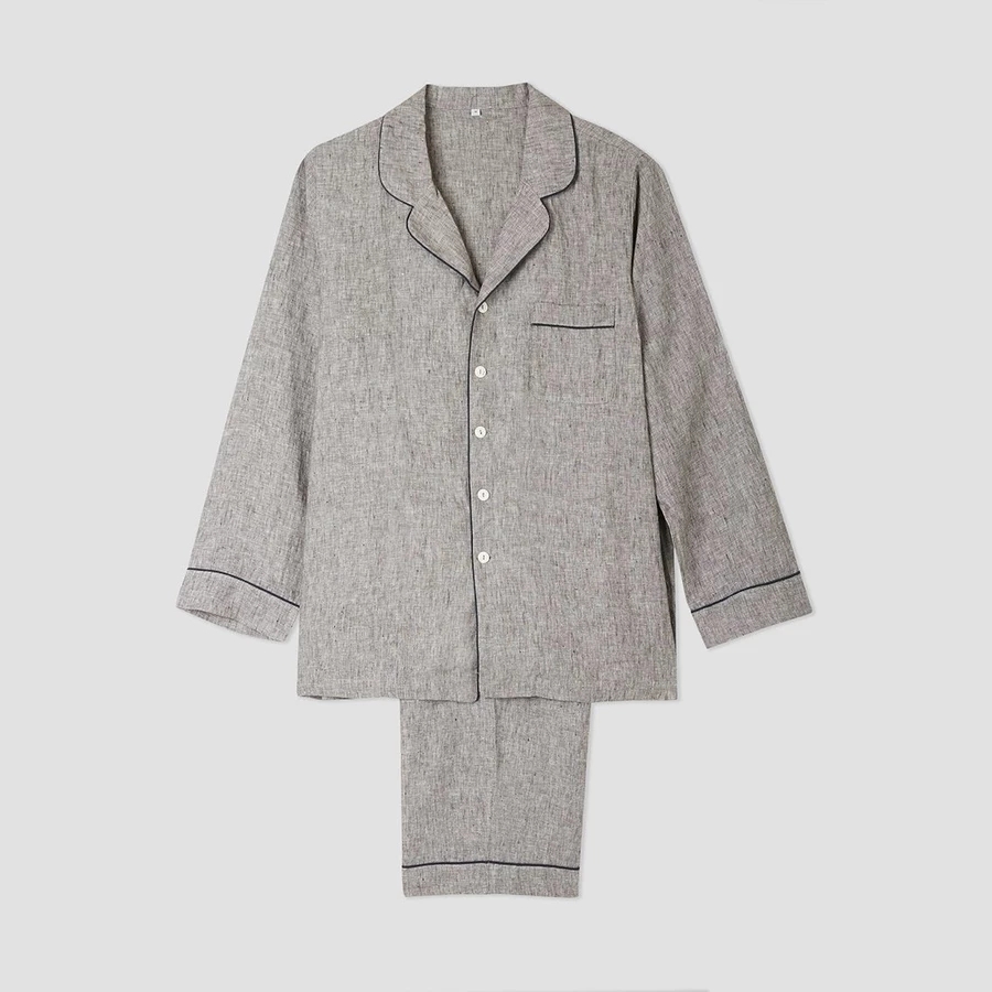 New Arrival Fashion Couple Plain Solid Grey V-neck Long Sleeve Sleepwear 100% Linen Men Pajama Set 