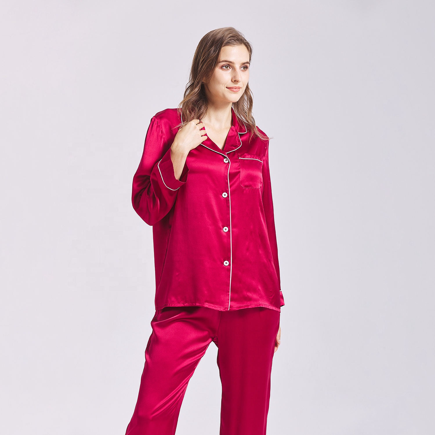 New Design Rose Red Silk Sleepwear Luxury Long Silk Pyjamas Women Custom Logo Organic 2 Pieces Silk Pajama Set 