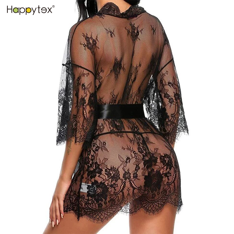 Women's Lace Kimono Robe Underwear Mesh Nightgown Transparent Wedding Dress Lace Soft Homewear Sleepwear Cheap Price 