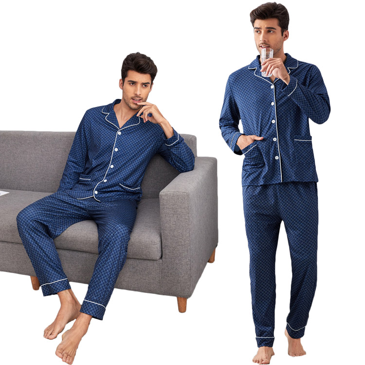Long Sleeve Breathable Men Sleepwear Argyle Print Contrast Piping Pj Set Men's Viscose From Bamboo Pajamas 