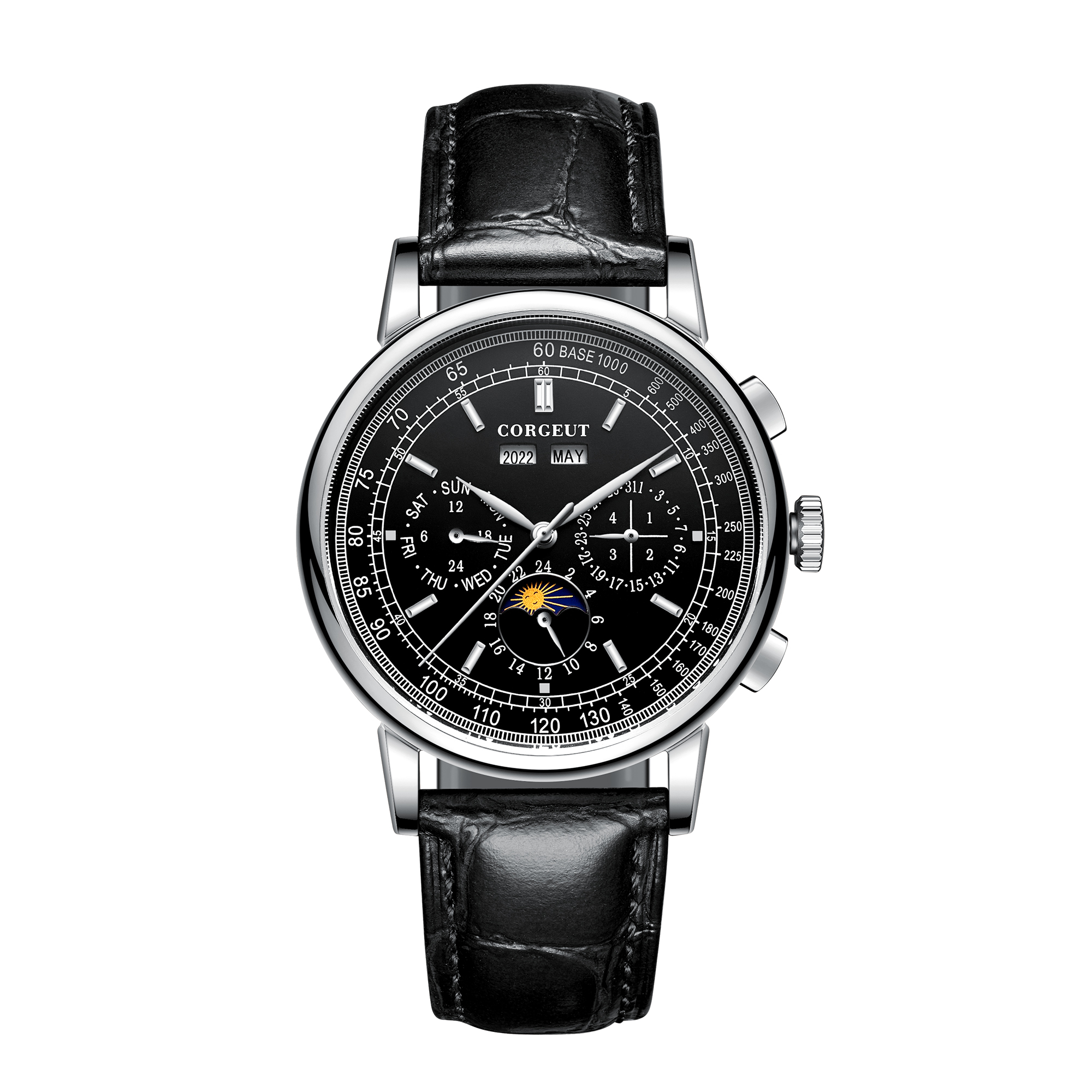 Corgeut Luxury Customized Private Oem Luxury Moon Phase Stainless Steel Men Watch Automatic Movement Mechanical Men Wrist Watch 