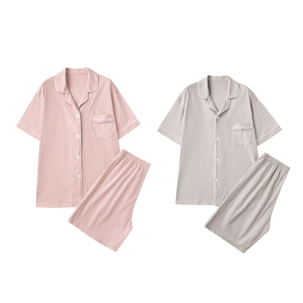 Custom Women And Men Lapel Short Sleeves Shirt Spring Cotton Sleepwear Solid Color Breathable Couple's Pajama Sets 