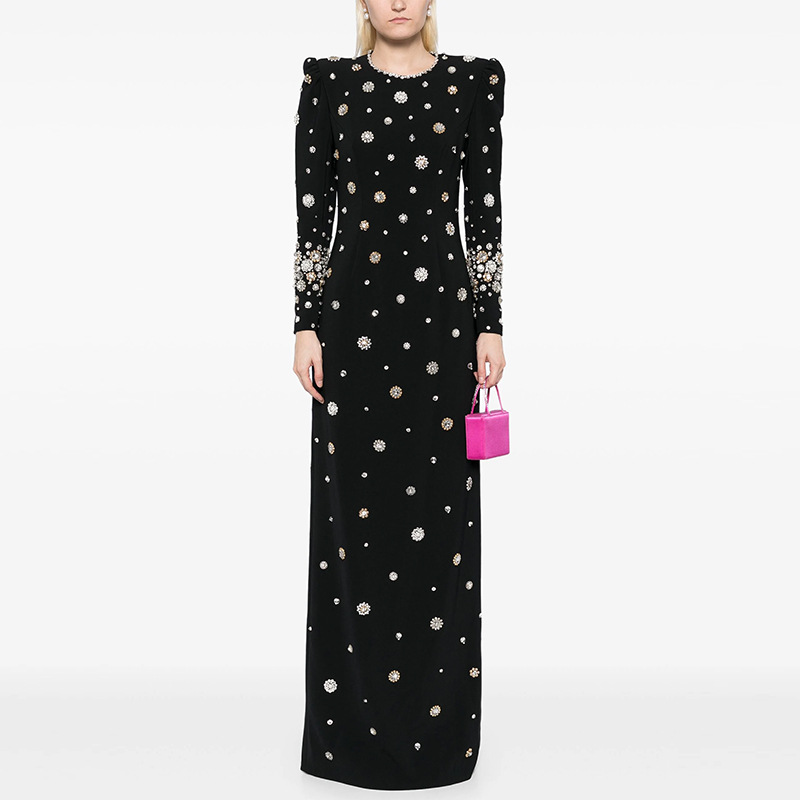 New Arrival 2024 Fashion Heavy Industry Women Beaded Rhinestone Evening Dress Women's Long Sleeve Maxi Formal Dresses Robe Femme