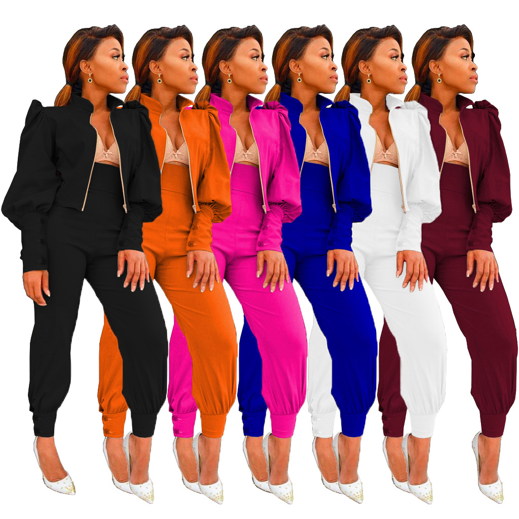 Fashion Nova Women's Winter Clothing 2022 Pant Set Women Bubble Sleeve High Waist Pants Two Piece Suits With Zipper Jacket 