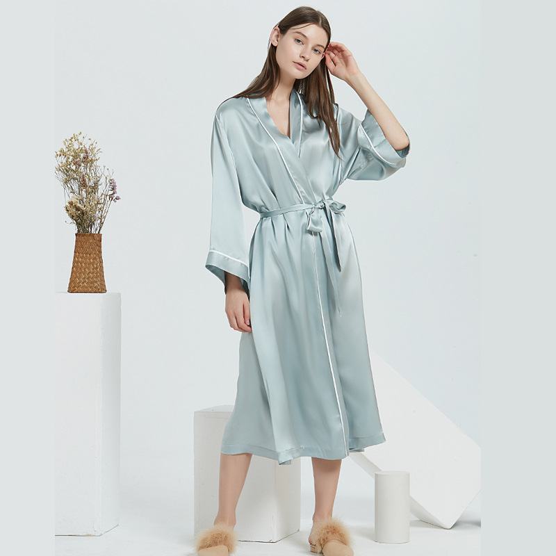 Pure Silk Solid Color Kimono Style Bathrobe Bridesmaids Sleepwear Belted Sleepwear Robes 