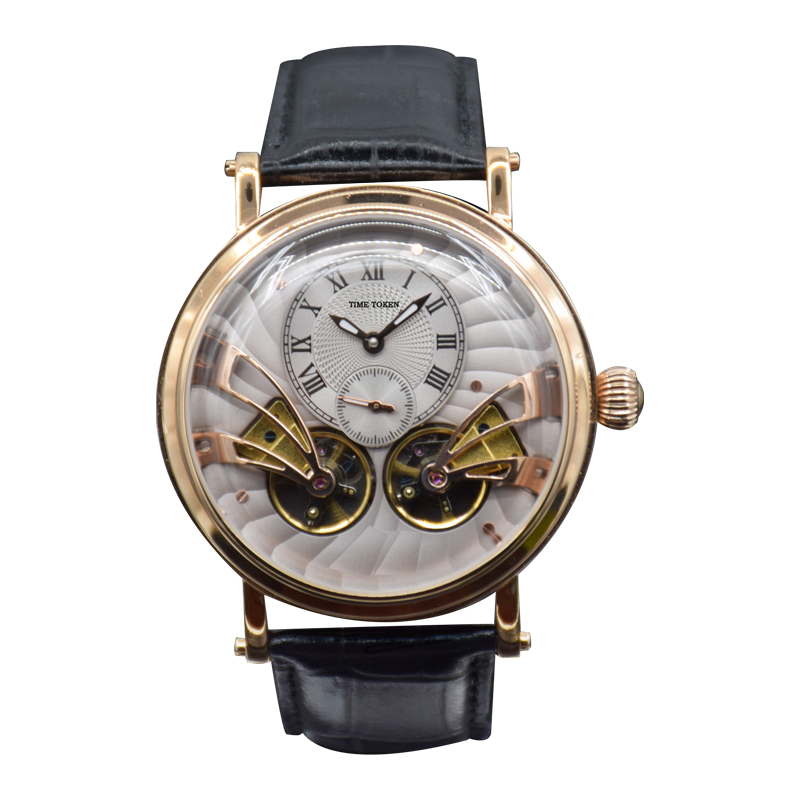 Time Token Men's Genuine Leather Mechanical Automatic Luminous Scratch Proof Watches Men Dual Tourbillon Wrist Watches 