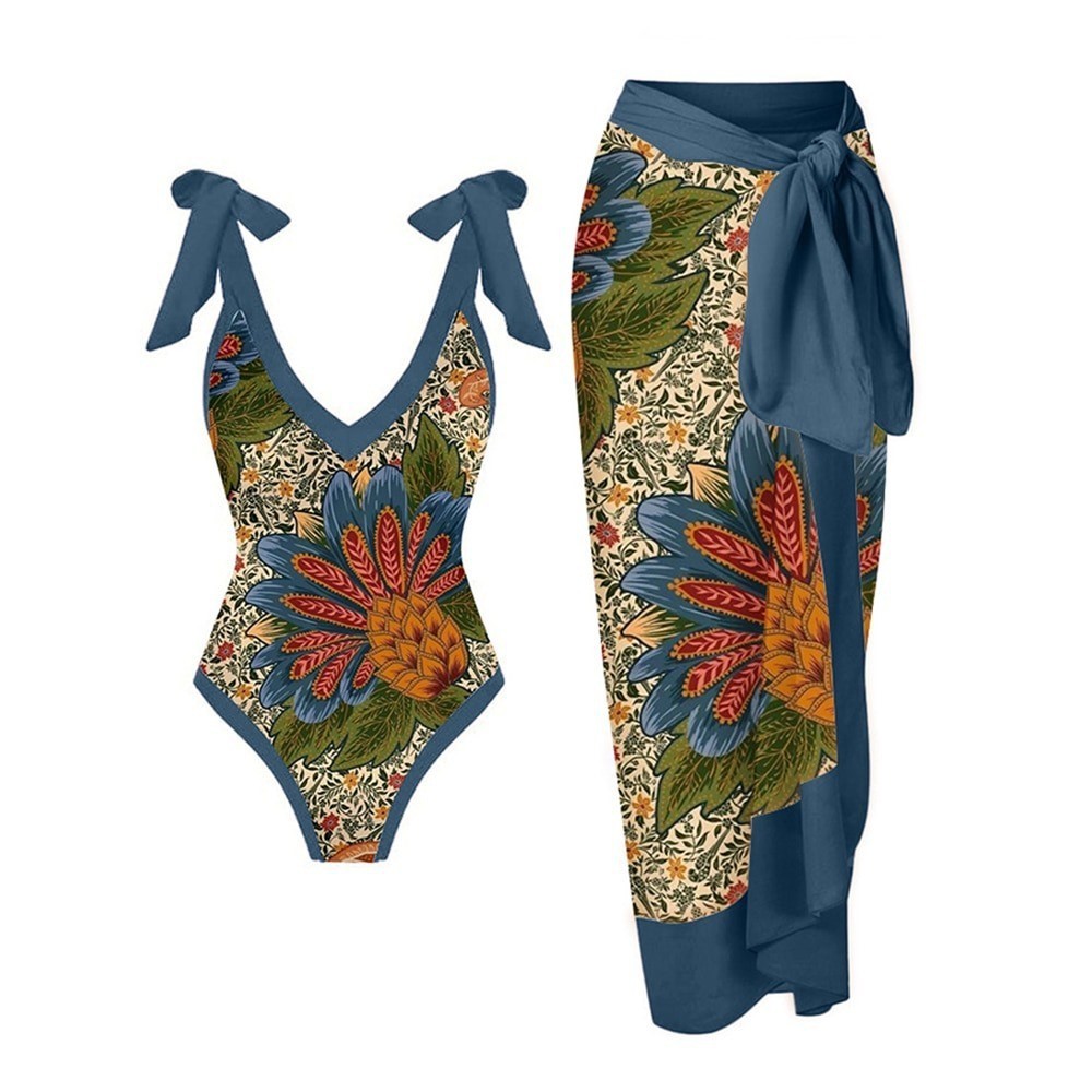 2023 Hot Selling Women Printed Swimsuit And Cover Up Ruffle Strap One Pieces Bathing Suit Floral Swimwear Beachwear 