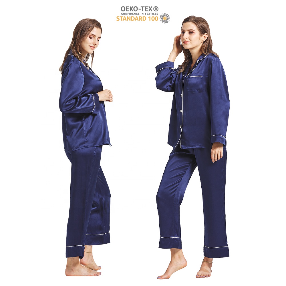 Support Low Moq 16/19/22 Momme Navy Blue Pure Silk Pyjamas Women Oeko-tex100 Luxury Long V-neck Silk Sleepwear Silk Pajamas Set 