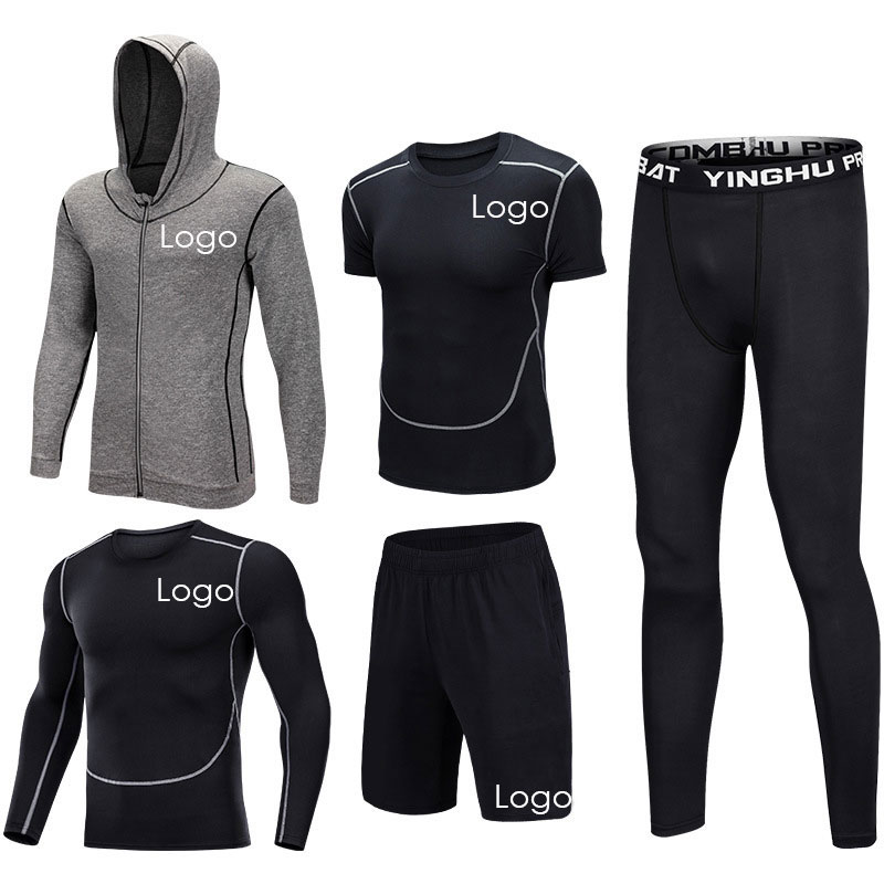 New Active Wear Set Men Sportswear 5 Pieces Workout Clothes Sport Gym Fitness Sets T Shirt Mens Fitness Apparel 
