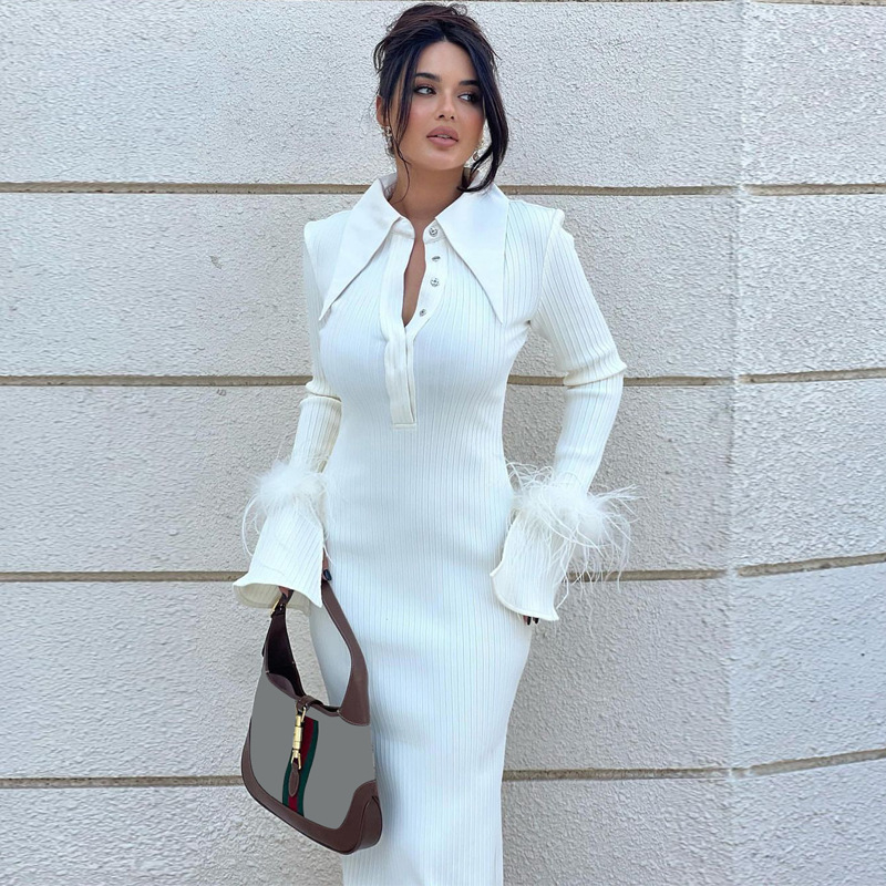 New Luxury Shoulder Pad White Long Sleeve Bodycon Polo Sexy Elegant Long Dresses Women