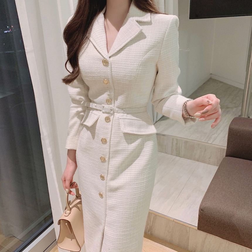 Zyht Dr0113 French Designer Women's Clothing White Tweed Single-breasted Blazer Office Lady Elegant Midi Dress For Women 