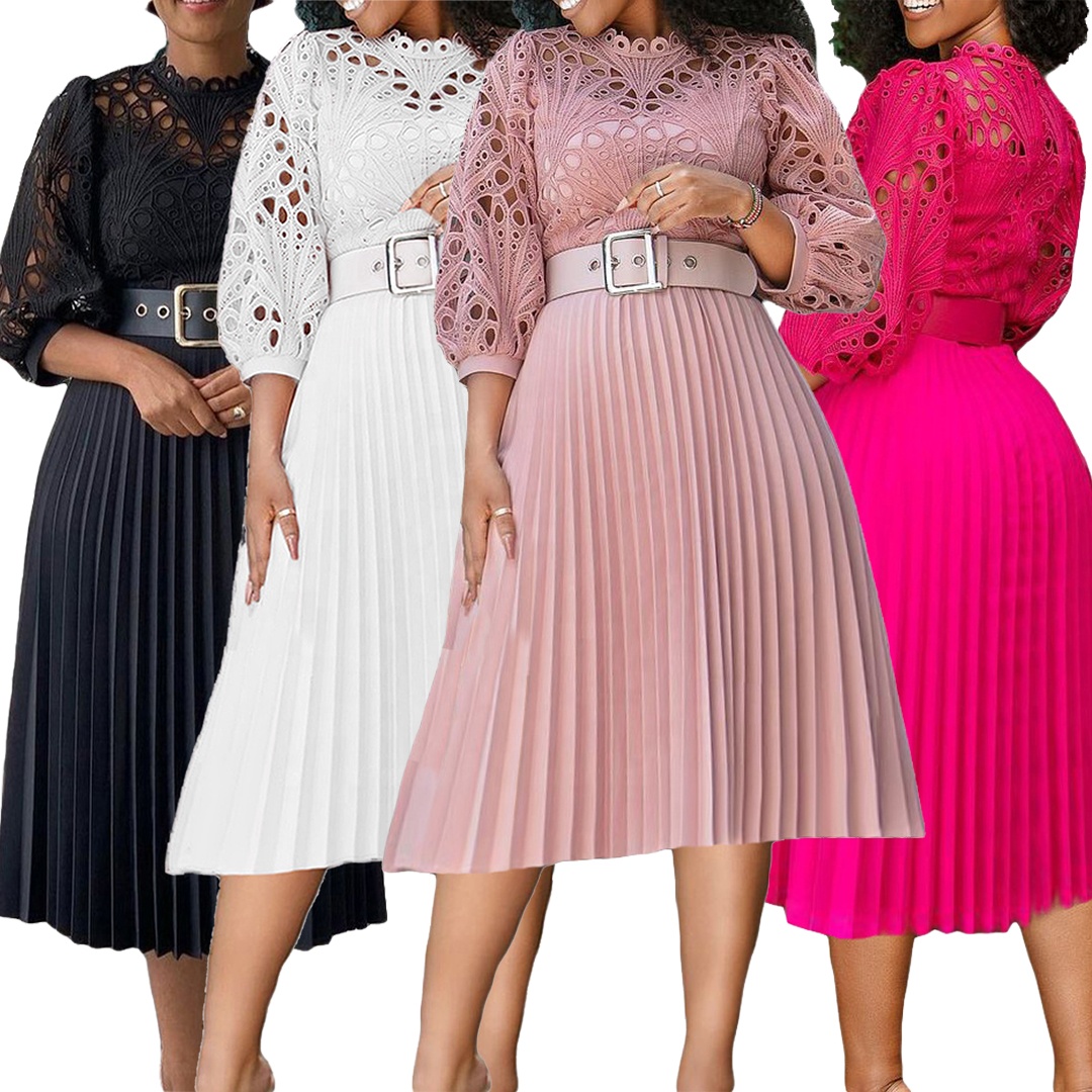 Wholesale Fall American Women's Clothing Crochet Lace Dress Pleated Dress Plus Size Long Sleeve White Church Evening Dresses 