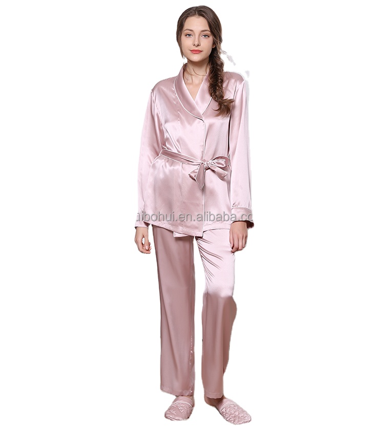 Silk Sleepwear Pajamas Set 100% Shawl Collar Women's Long Sleeve Pajama Set Nighty Loungwear 