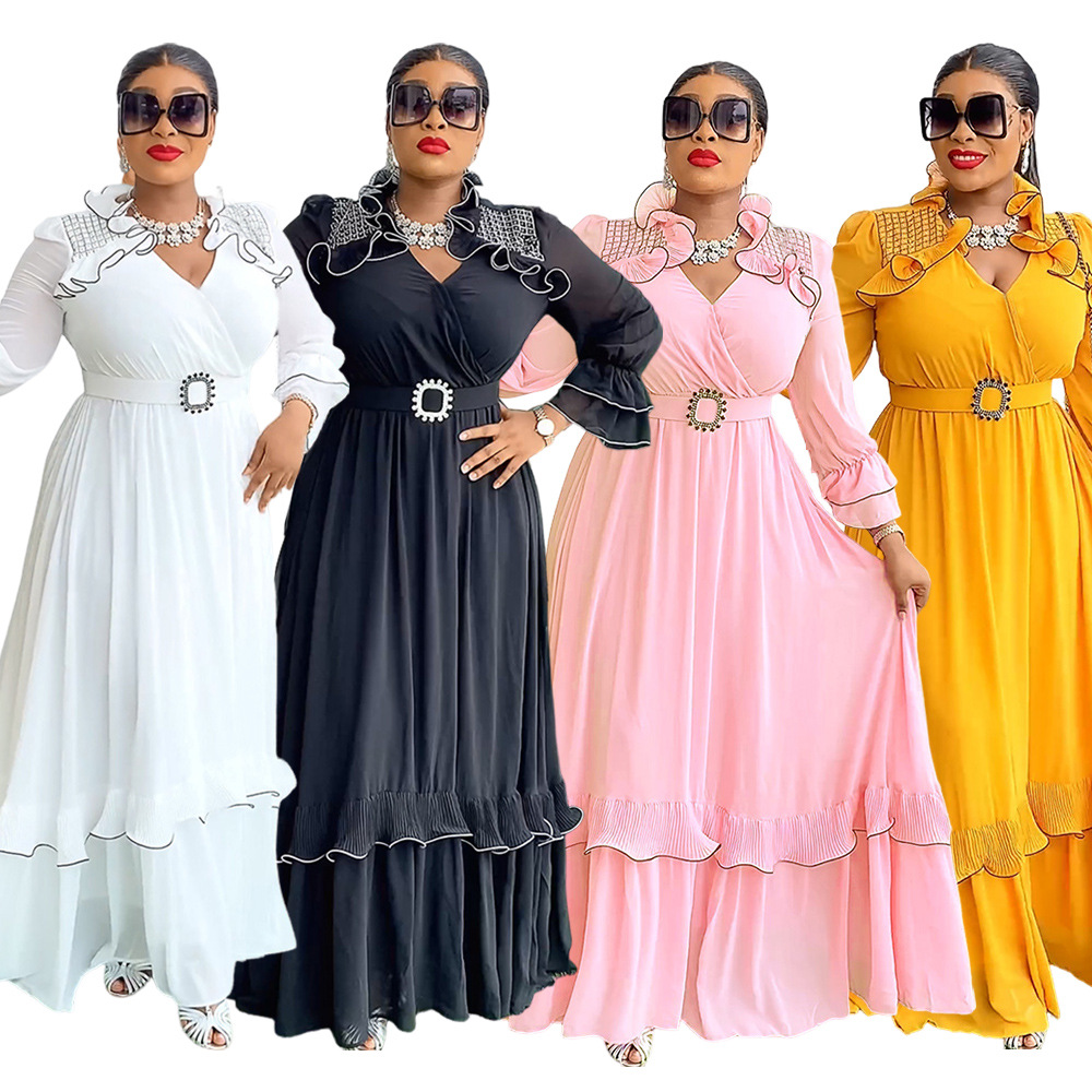 S10158 Trendy African Dresses for Women Clothing Long Sleeve Ruffle Chiffon Party Dresses Women Plus Size Church Dress