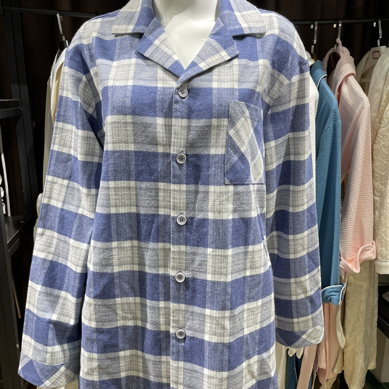 Blue Checked Pajamas Suit 100% Cotton Men's Leisure Wear For Home 