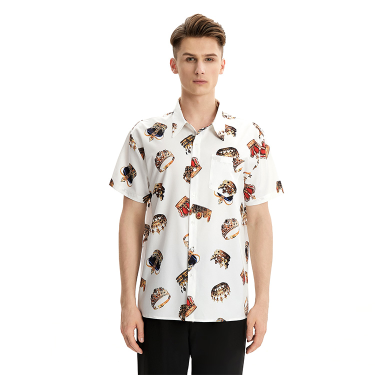 Summer Casual Short Sleeve Crown Print Men's Shirt Hawaii Plus Size Men's White Shirt Custom Logo 