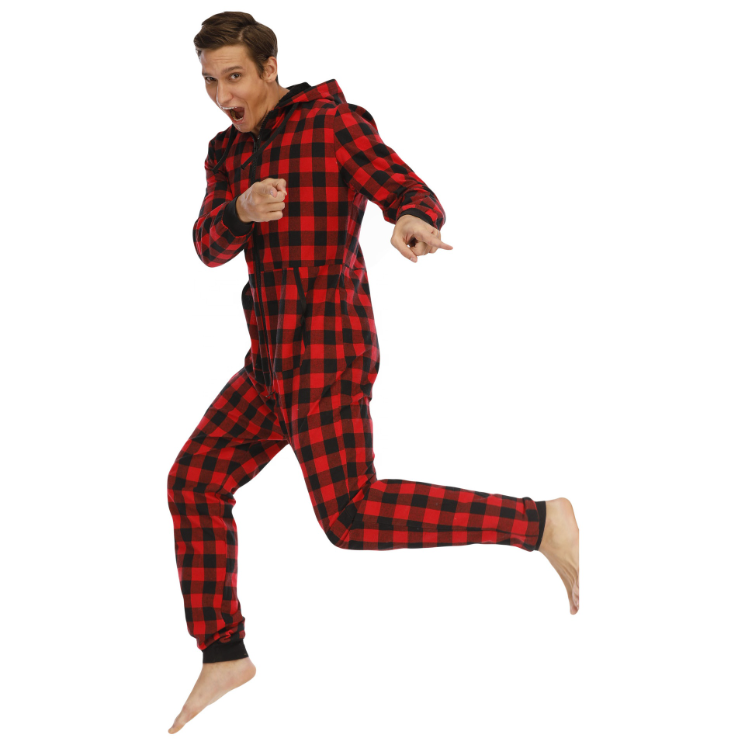 Casual Trends Classical Plaid Sleepwear Men's Flannel Plaid Hooded Onesie Home Wear Leisure Wear Pure Cotton Men Pajama 