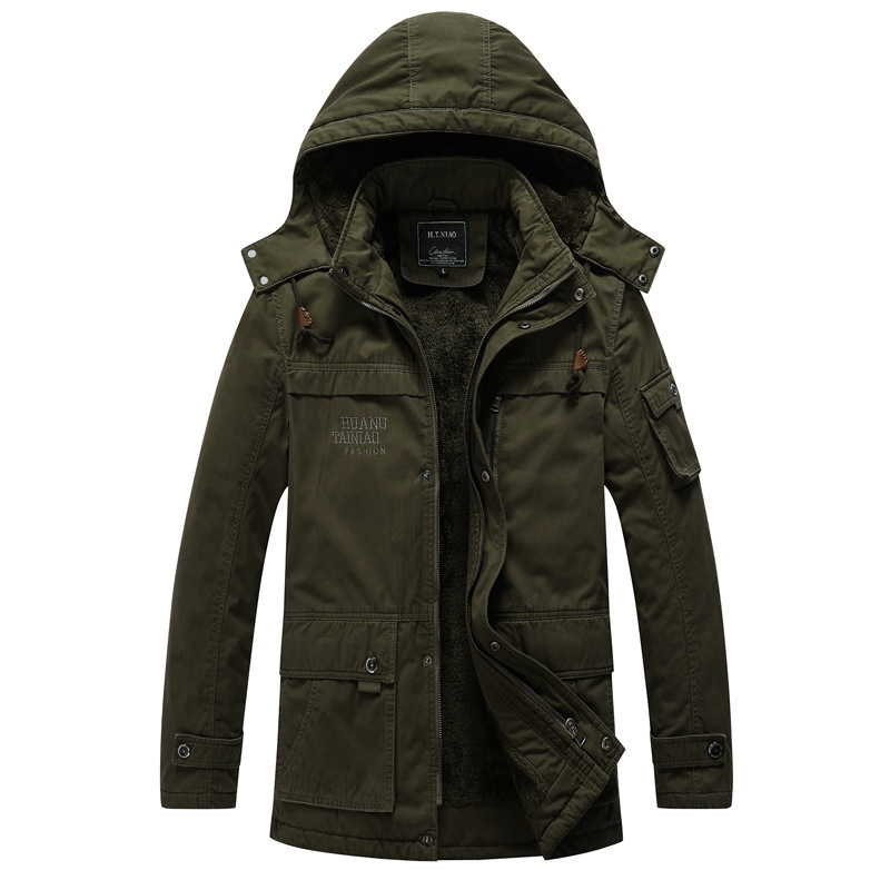 Winter Washed Jacket Plush Thickened Warm And Cold Proof Cotton Jacket Men's Medium Length Hooded Jacket Other Fabric Knitted 
