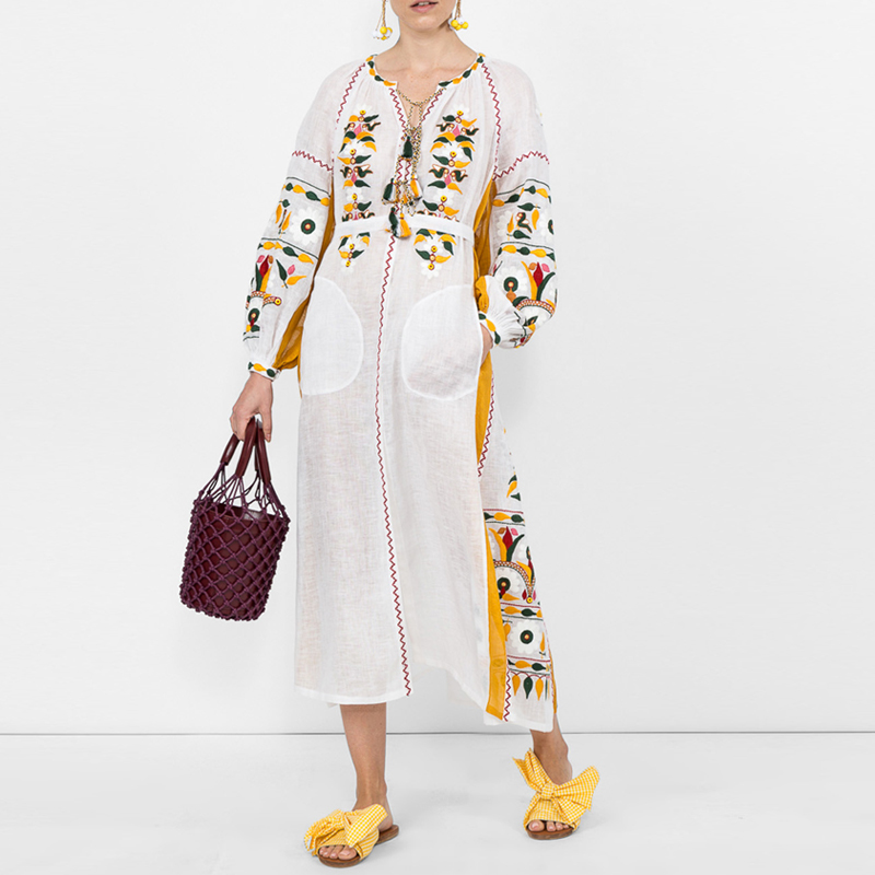 2023 Luxury Clothing Women Boho Beach Designer Dress White Floral Embroidered Long Sleeve Maxi Dress Summer Linen Cotton Dress 