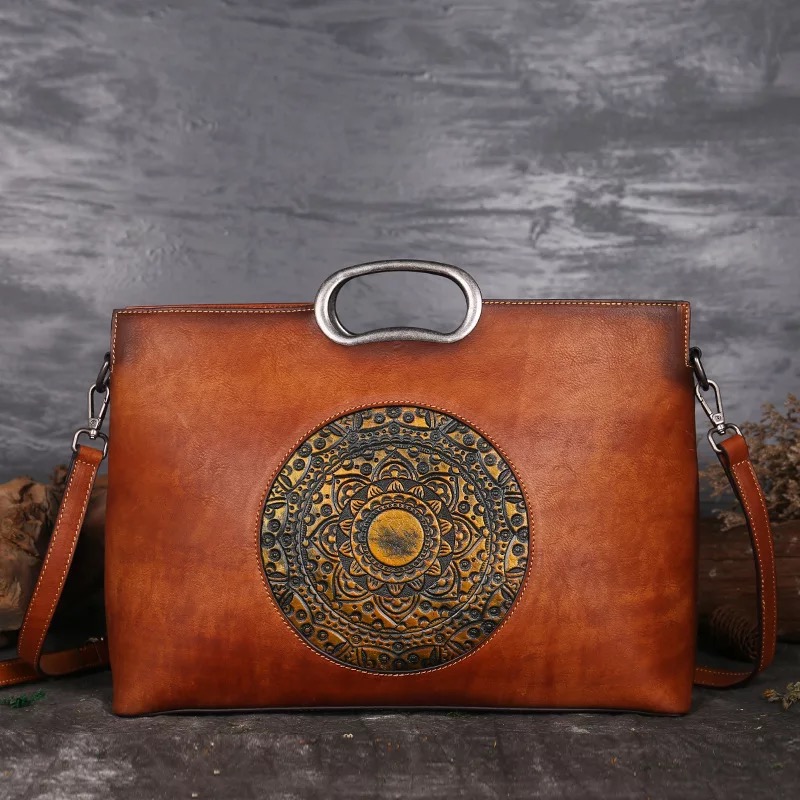 Retro Cow Leather Ladies Hand Bags Chinese Style Tote Handmade Bags Genuine Leather Handbags For Women 