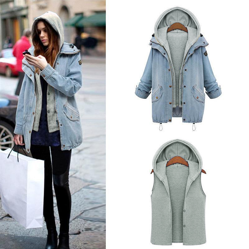 Women Two Piece Set Denim Jacket Hooded Vest Oversized Casual Coat Light Blue Walson 