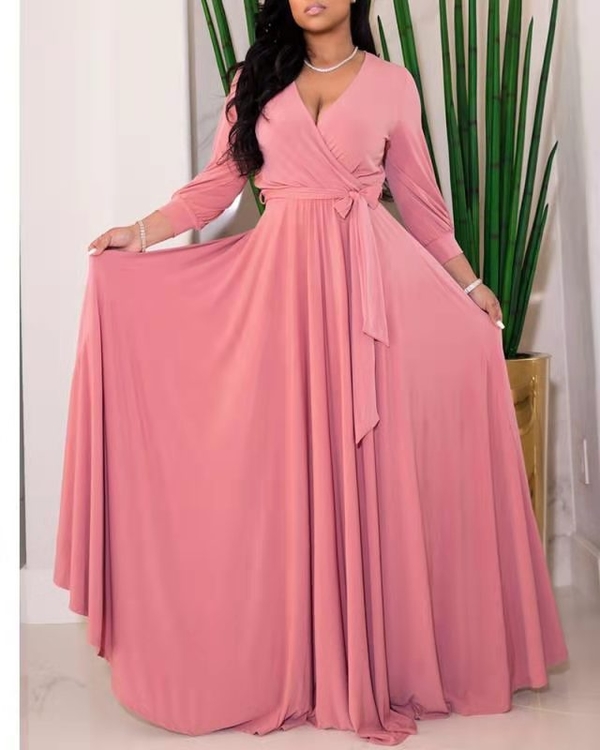 Spring Women's Clothing Long Sleeve Office Ladies Lace Solid Color Large Size Flare A-line Chiffon Long Maxi Dress 