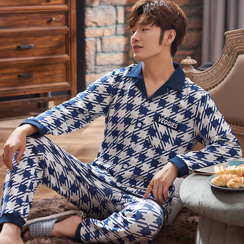 Men's Pajamas Long Sleeve Large Size Thin Night Dress Cell Print Cotton Sleepwear For Men 