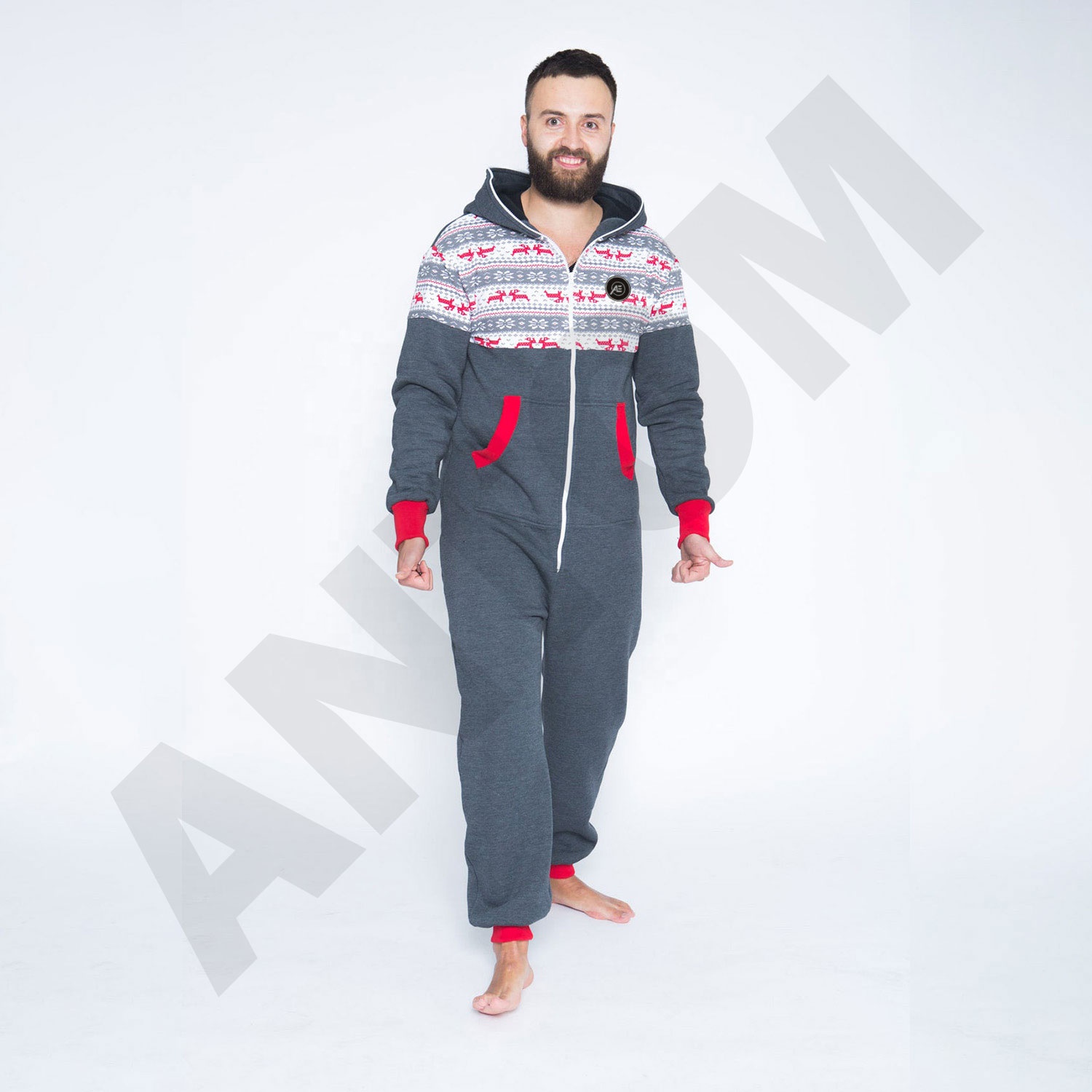 One Piece Non Footed Pajamas Mens Fashion Printing Onesie Hooded Jumpsuit Mens Sleepwear Men's Onesie Made By Antom Enterprises 