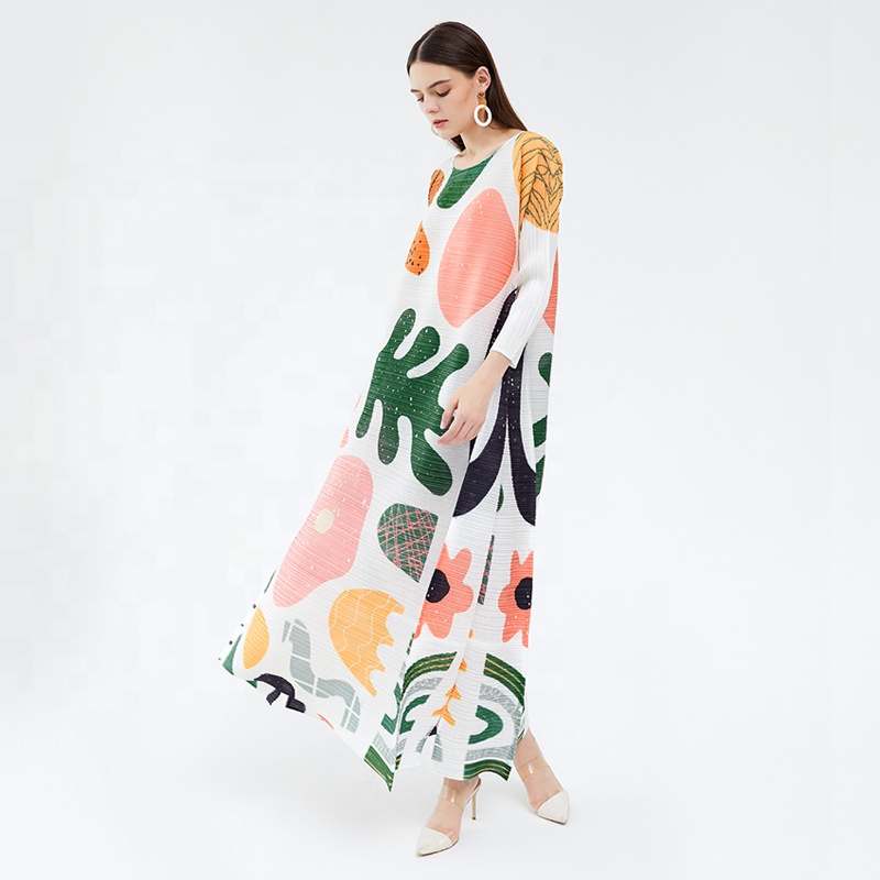 Autumn Women's 100% Polyester Print Miyake Pleated Long Sleeve Dress Flower Free Size Women's Dress 