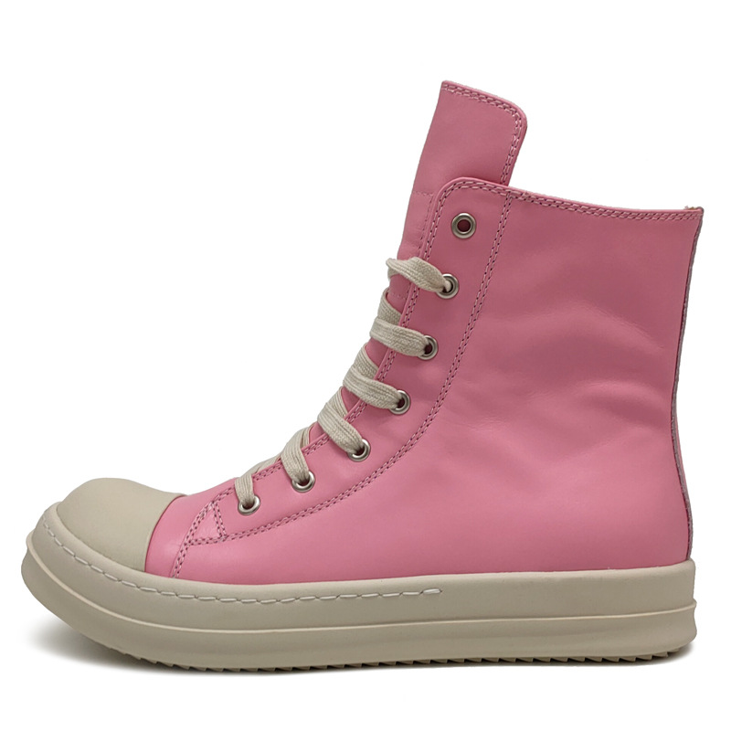 R .o New Summer High Top Ladies' Sneakers Pink Casual Sports Students Full Leather Shoes With Thick Soles 
