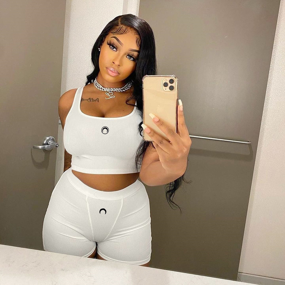 2022 New Summer Women's Clothing Fashion Y2k Solid Color Matching Crescent Umbilical Hollow Casual Short Suit Two Piece Set 