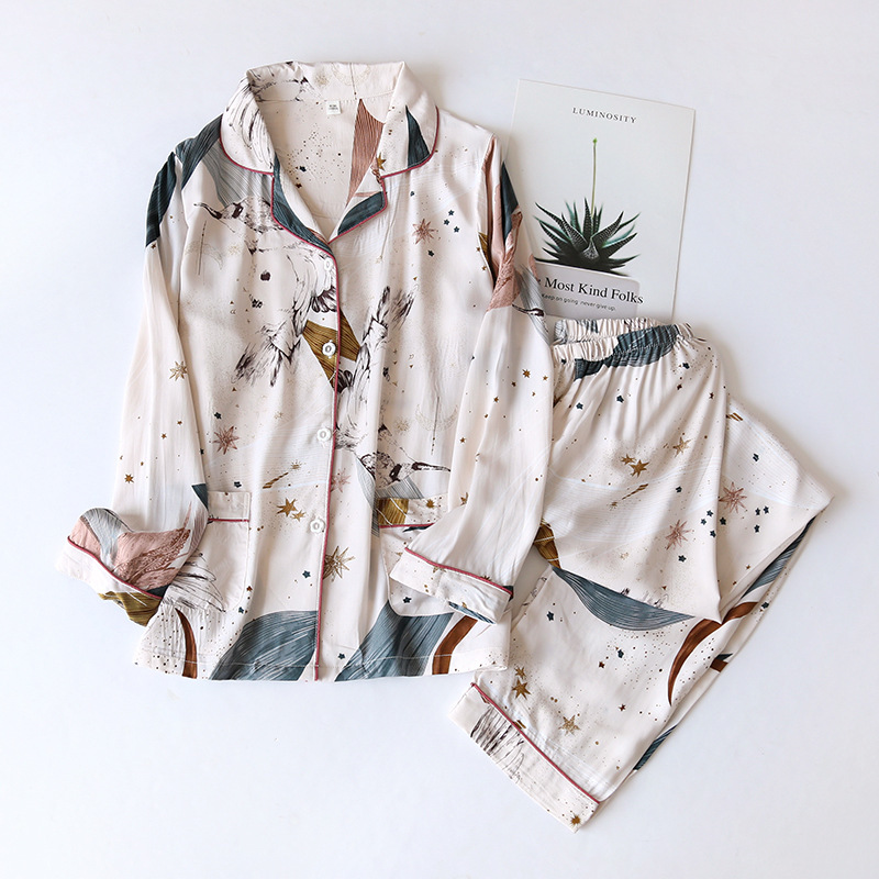 Spring Summer New Tropical Plant Print 100% Viscose Skimt 3 Piece Set Long Sleeve Pants Ladies Pajamas Set Women's Sleepwear 