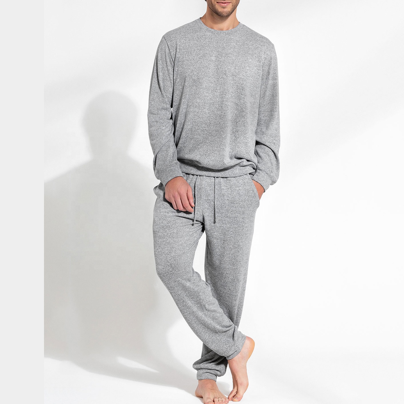 Men's Ultra Comfort Pajama Set Knitted Long Sleeve Tops Jogging Casual Pants Homewear Nightshirt 2 Piece Custom Men Sleepwear 