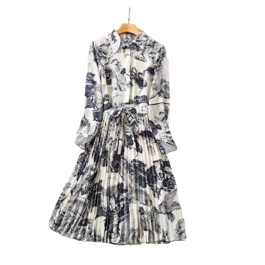 Shirt Dress 2022 Fall New Lapel Bow Lace Retro Printed Long Sleeve Office Temperament Plus Size Women's Clothing 