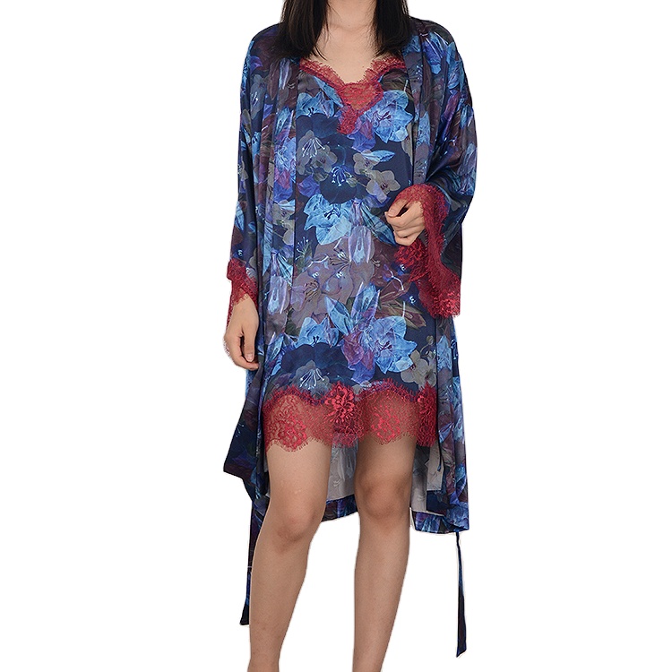 Guixiu Women's 100% Silk Robe &amp; Slip Set Print Silk Sleepwear 