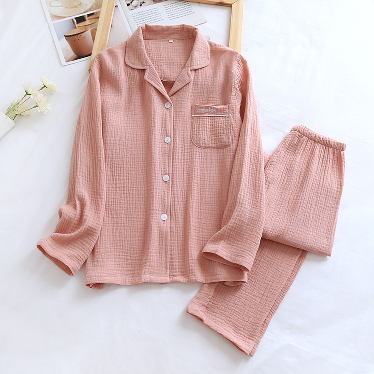 2021couple's Cotton Crepe Double Layer Gauze Pajamas Men And Women Large Size Sleepwear Long Sleeve Solid Pyjamas Two Piece 