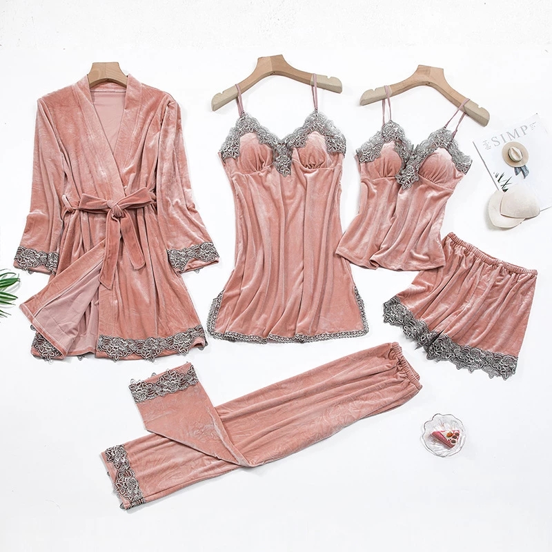 Sexy Lace Nightwear Pajamas Suit Intimate Lingerie Women Velour Sleep Set 5pcs Kimono Robe Velvet Soft Homewear Sleepwear 
