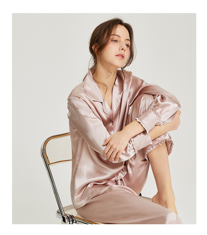 High Quality 19 Momme Mulberry Silk Ladies 2 Pieces Pajama Set Good Breathable For Women Ruffle Pyjamas 